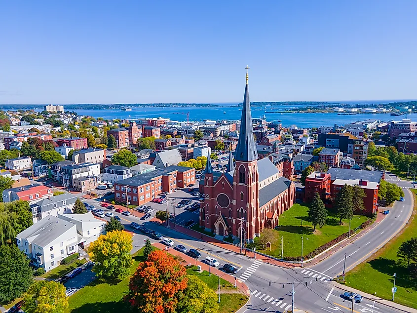 Portland Cathedral of the Immaculate Conception at 307 Congress Street in downtown Portland, Maine, USA.