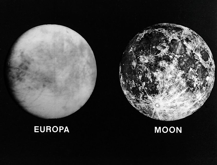 Europa and Moon pictured at same scale. Lunar and Planetary Institute from Houston, TX, USA, CC BY 2.0 via Wikimedia Commons