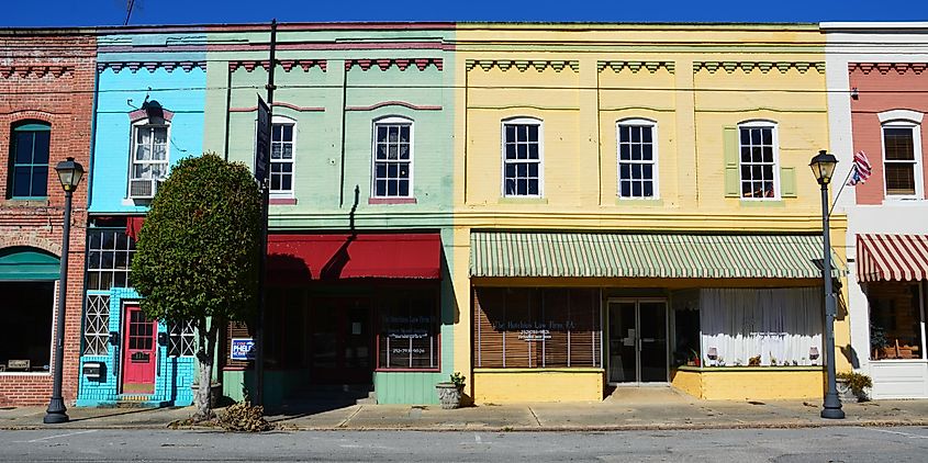 Colorful downtown storefronts in Plymouth, North Carolina.