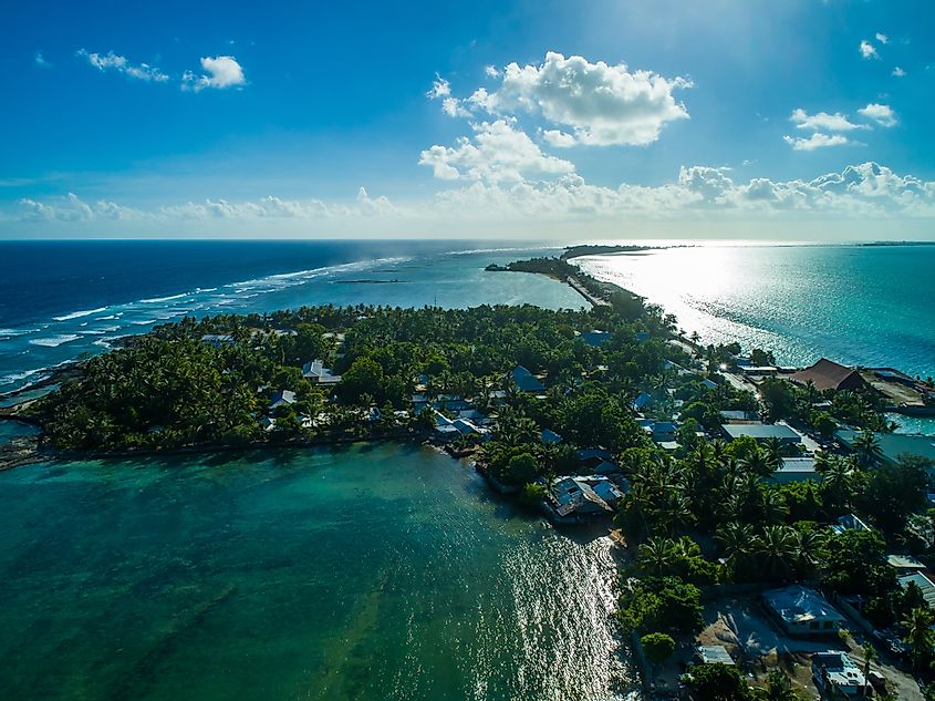An aerial view of Tarawa, Kiribati, in the Pacific Ocean.