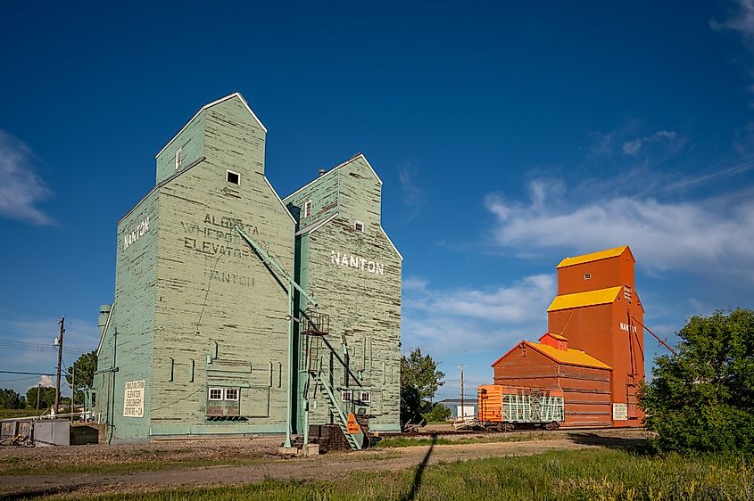 Historic grain elevators in Nanton, Alberta