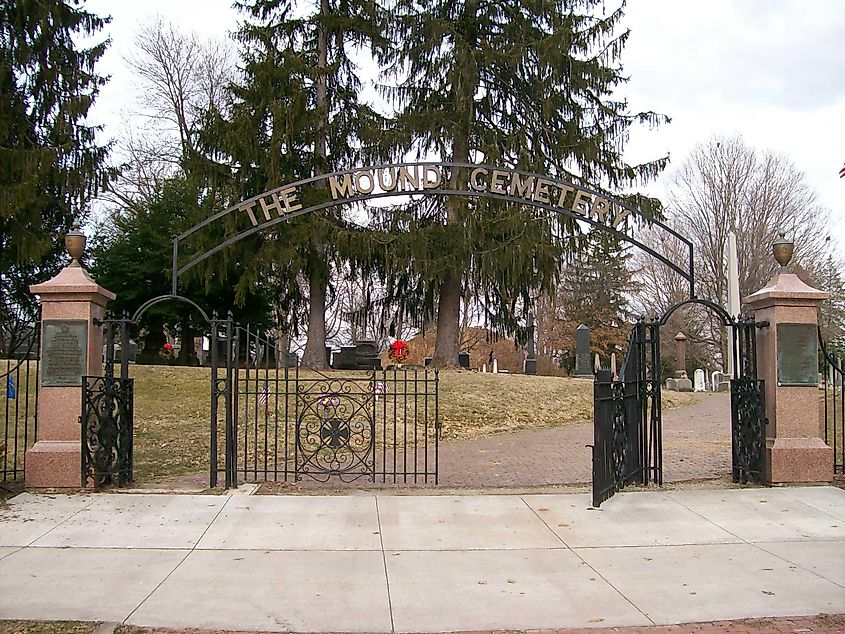 The Mound Cemetery's front gates are on 5th Street in Marietta, Ohio. 