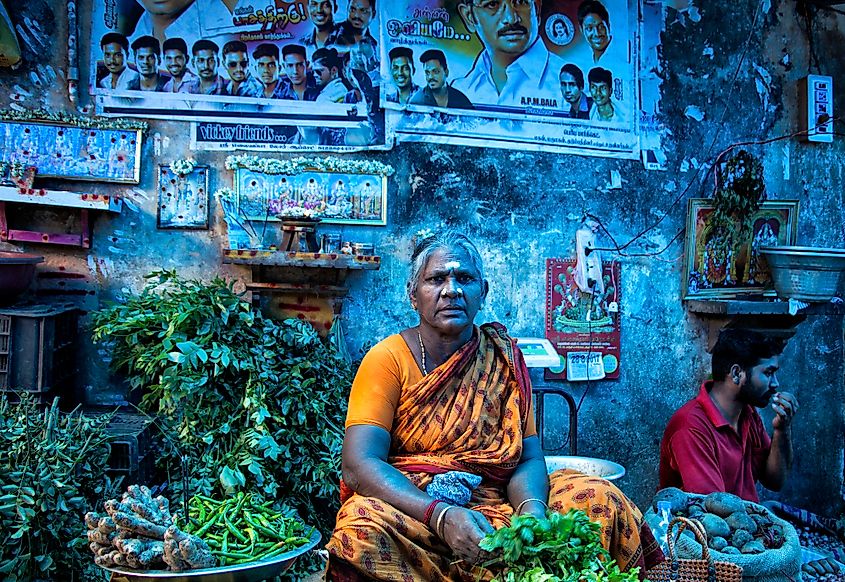 Woman selling vegetables at Goubert Market