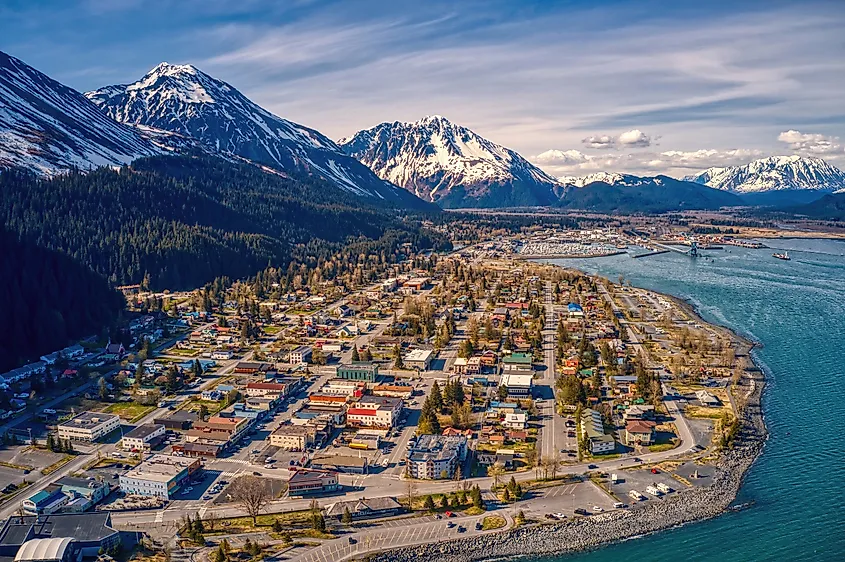 Aerial view of Seward, Alaska, in early summer.