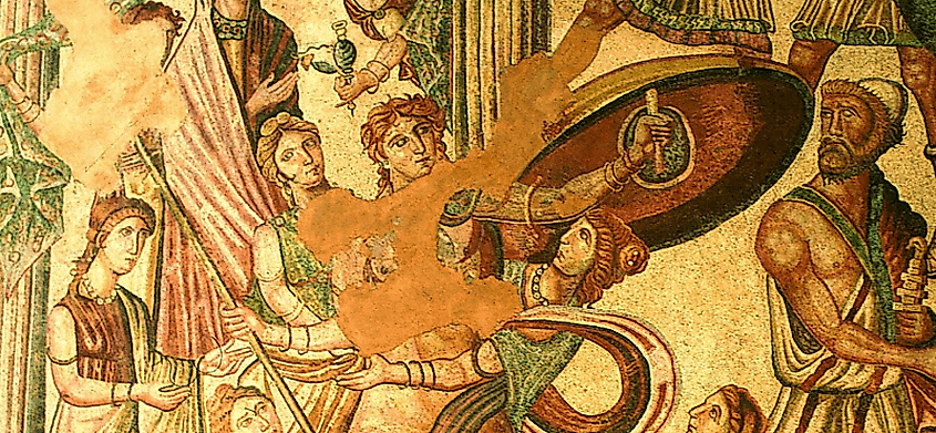Odysseus (Ulysses) discovers Achilles dressed as a woman and hiding among the princesses at the royal court of Skyros. A late Roman mosaic from La Olmeda, Spain, fourth-fifth centuries AD
