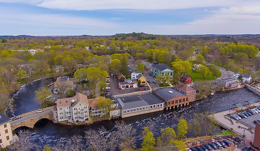Ipswich River aerial view on Central Street in spring at town center of Ipswich, Massachusetts