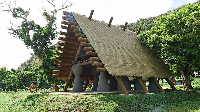 Replica of an ancient Chamorro latte hut in Kalabera Cave, Saipan.