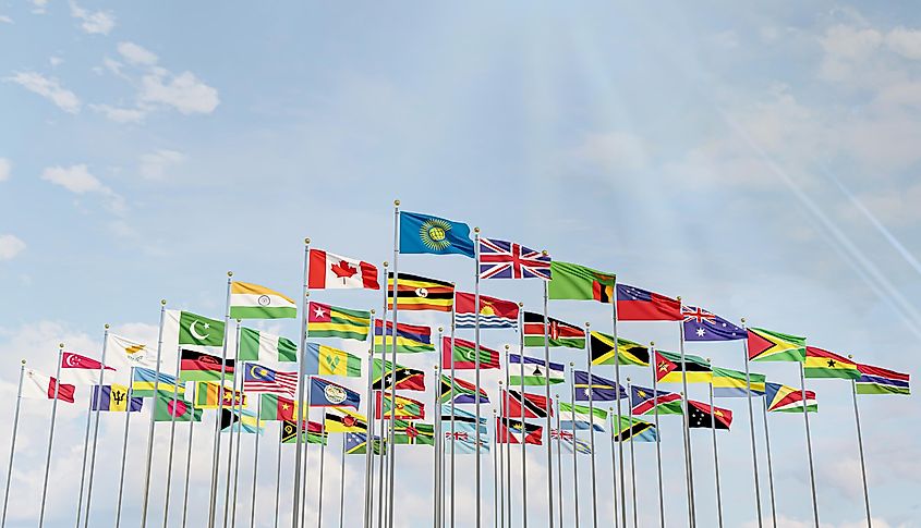 The flag of the Commonwealth of Nations with the flags of the organization's countries along with the flag of Britain