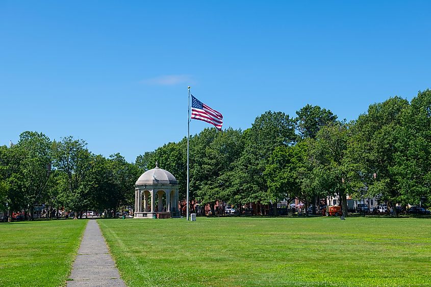 Salem Common and US National Flag in Historic district of Salem city center, Massachusetts
