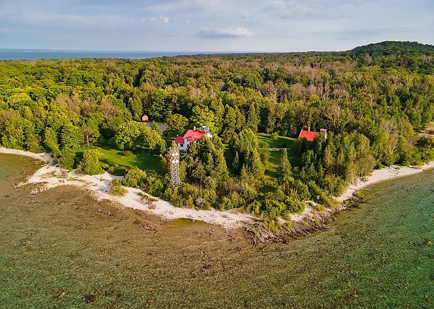 Aerial view of Leelanau state park, and Historic Grand Traverse lighthouse in Michigan