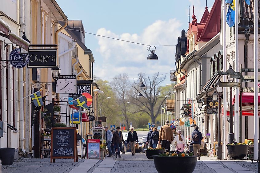 Busy Storgatan in Mariefred, Sweden.