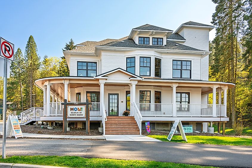 The front of the Museum of North Idaho, located at the historic 1903 JC White House, in the lakefront downtown of Coeur d'Alene, North Idaho Panhandle.