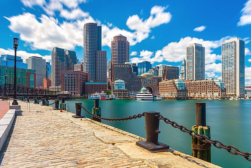 Boston skyline in sunny summer day, view from harbor on downtown, Massachusetts