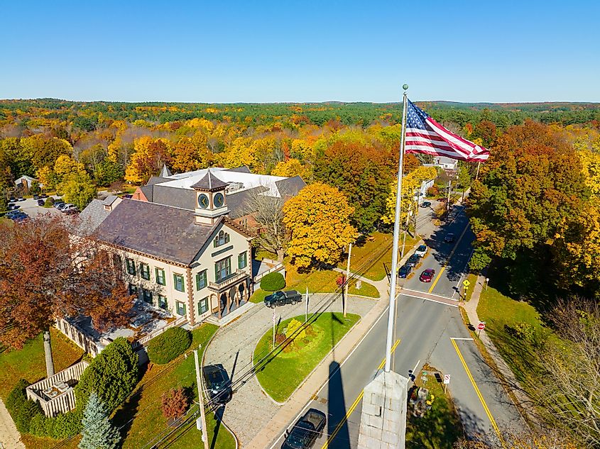 Acton Town Hall aerial view in 472 Main Street in historic town center of Acton, Massachusetts
