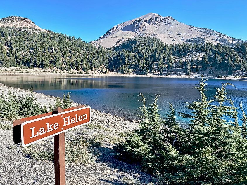 Lassen Volcanic National Park, California. Lake Helen with sign. 