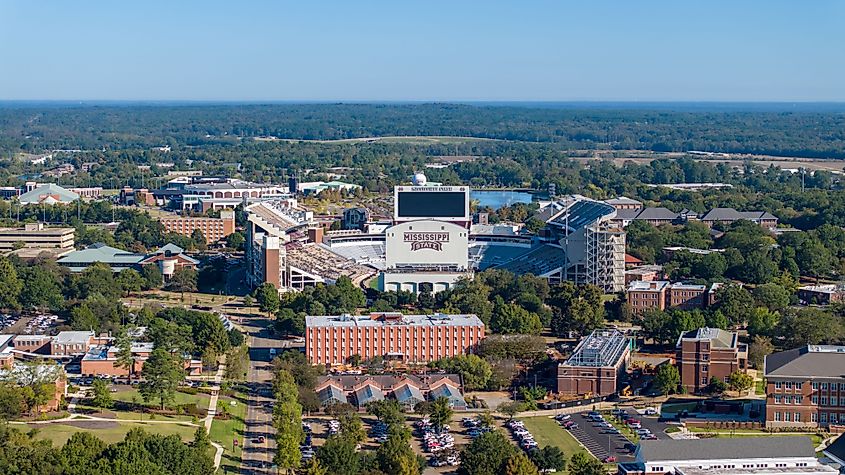 Birds Eye Aerial View Above Davis Wade Stadium in Downtown Starkville, MS.