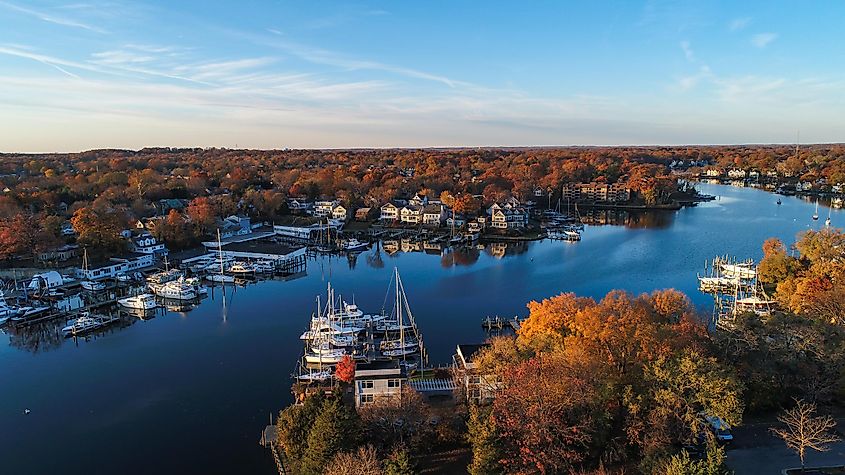 An aerial view of historic Annapolis, situated on the Chesapeake Bay, during an early November morning.