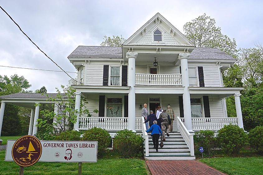 Crisfield, MD / USA - 5/12/16: Visitors entering the J. Millard Tawes Library. The former home of the 54th Governor of Maryland is now a museum owned by the Crisfield Heritage Foundation.
