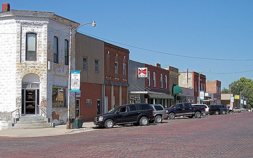 South Main Street in the Doniphan County Courthouse Square Historic District in downtown Troy, Kansas, United States. 