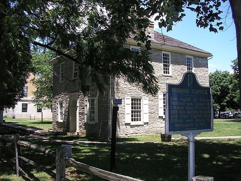 Old Indiana Capitol and Historic Marker in Corydon, Indiana. Image credit: I, W.marsh via Wikimedia Commons.