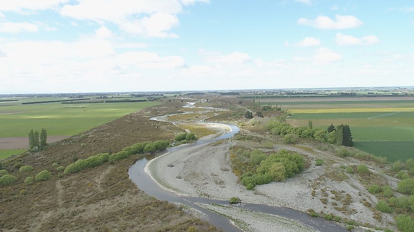 Drone image shows the Selwyn River in New Zealand's Selwyn District