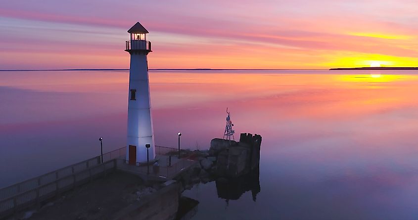 Wawatam Lighthouse before dawn in Saint Ignace, Upper Peninsula of Michigan.