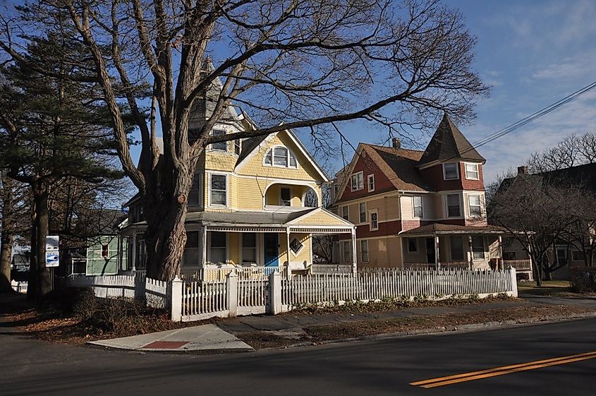 Queen Anne style houses on Ellsworth Street, in the Black Rock Historic District, Bridgeport, Connecticut.