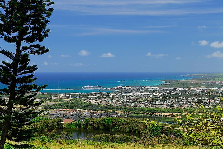 Docked cruise ship in Kahului Harbor from Wailuku Heights, Maui, Hawaii, United States