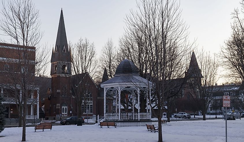 Winter time city view with gazebo