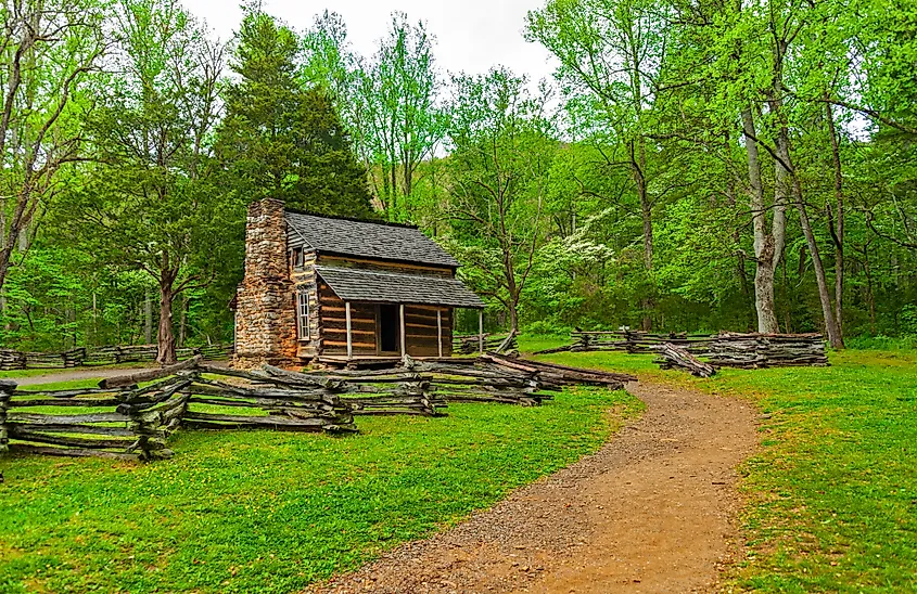 Cades Cove, a scenic valley surrounded on all sides by mountains south of Townsend, Tennessee with hiking trails and many historic homesites, cemeteries, and churches