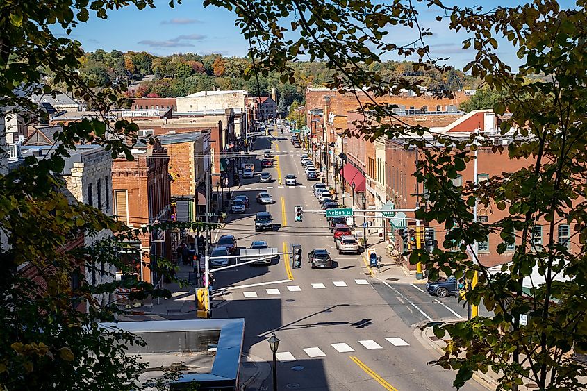 Cityscape view of Stillwater Minnesota from an aerial overlook in the fall