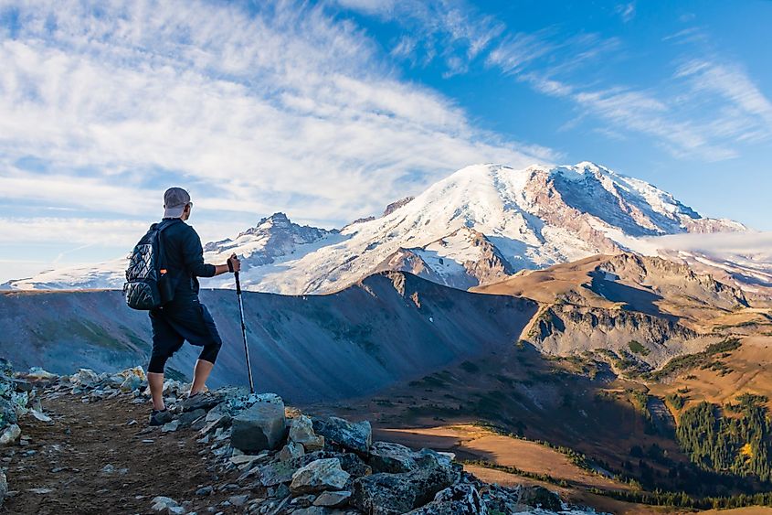 Hiker looking at Mount Rainier