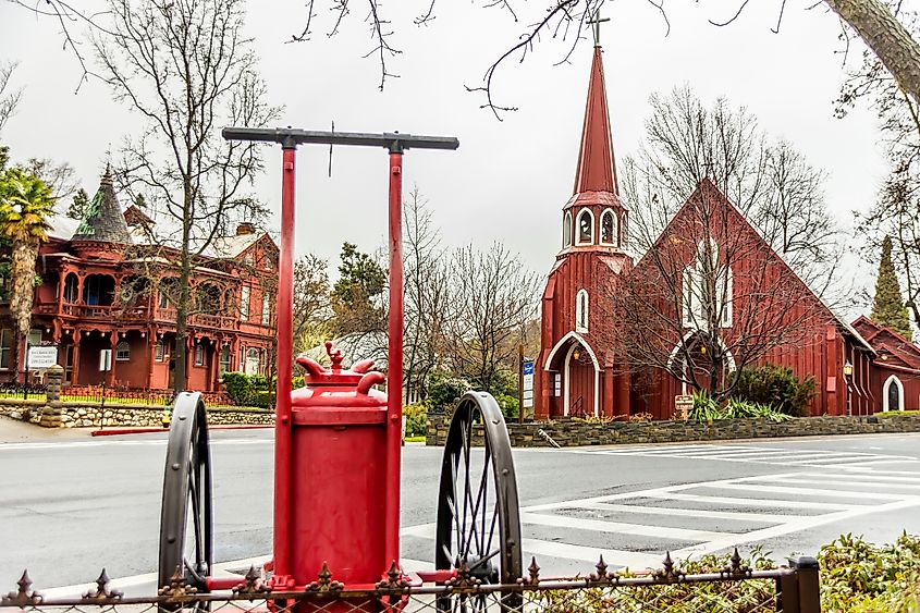 Red Church on Washington Street in historic downtown on a cloudy, wet spring afternoon.