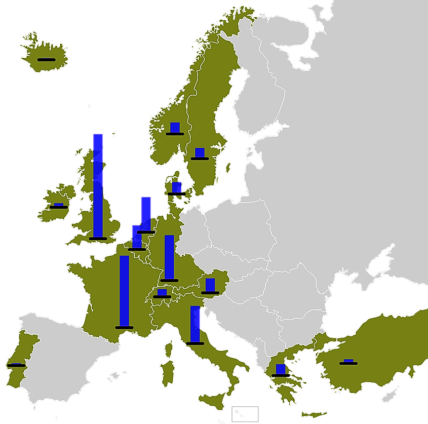 Map of Cold-War era Europe showing countries that received Marshall Plan aid.