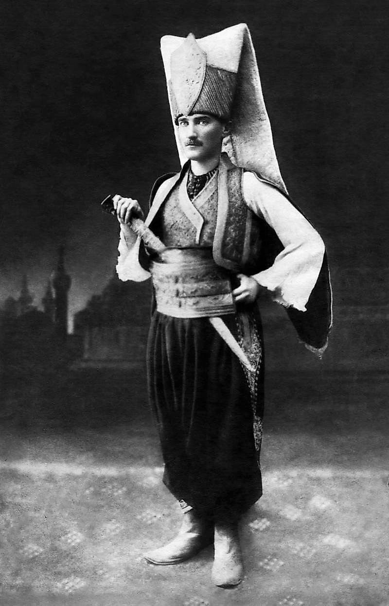 Mustafa Kemal Atatürk wearing the traditional Janissary uniform at a masquerade ball during his early years in the Ottoman army.