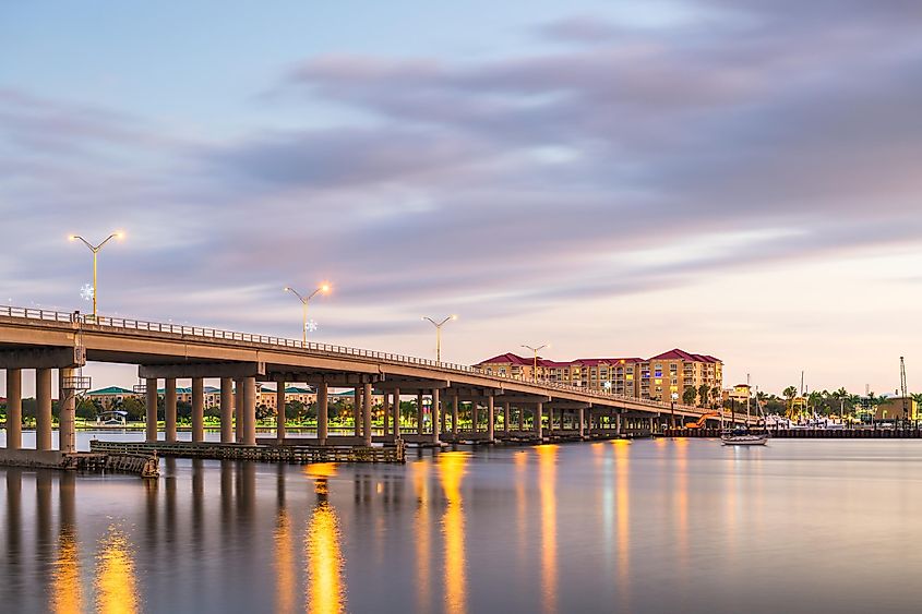 Bradenton, Florida, USA downtown on the Manatee River at dusk