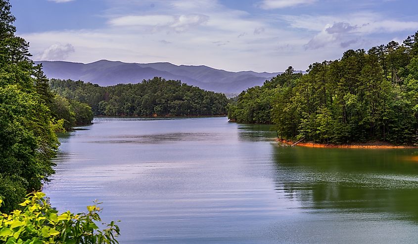 The Tuckasegee River near Bryson City in the blue ridge mountains of north carolina on a beautiful sunny blue sky day