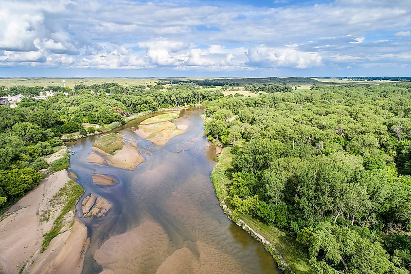 Aerial view of shallow and braided Platte River near Brady, Nebraska