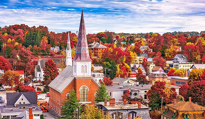 Overlooking a church in Montpelier, Vermont with stunning fall colors.