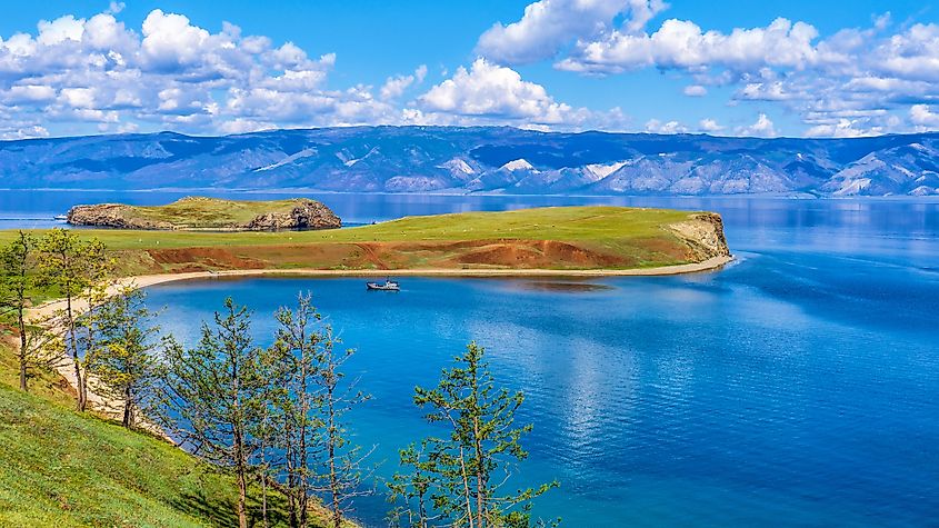 View from Olkhon island to Maloe More or Small Sea of lake Baikal and Kharantsy cape and bay.