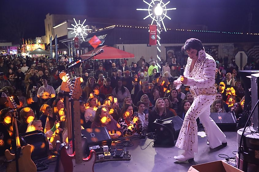 An Elvis impersonator on stage during the Possum Drop in Tallapoosa, Georgia.