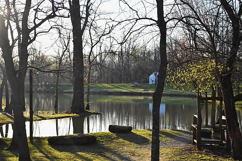 Big chair and pond in New Harmony, Indiana.