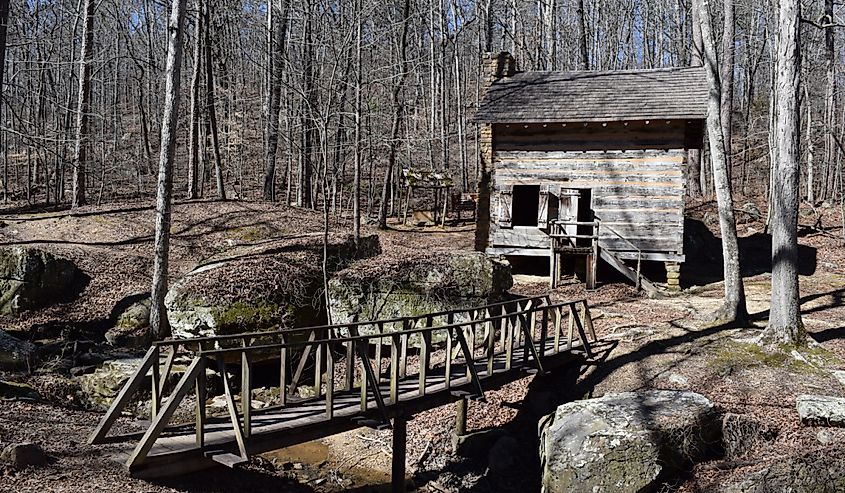 Pioneer Cabin and footbridge in Tishomingo State Park Mississippi