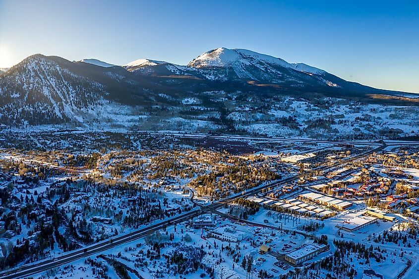 Aerial view winter sunset in Frisco Colorado.