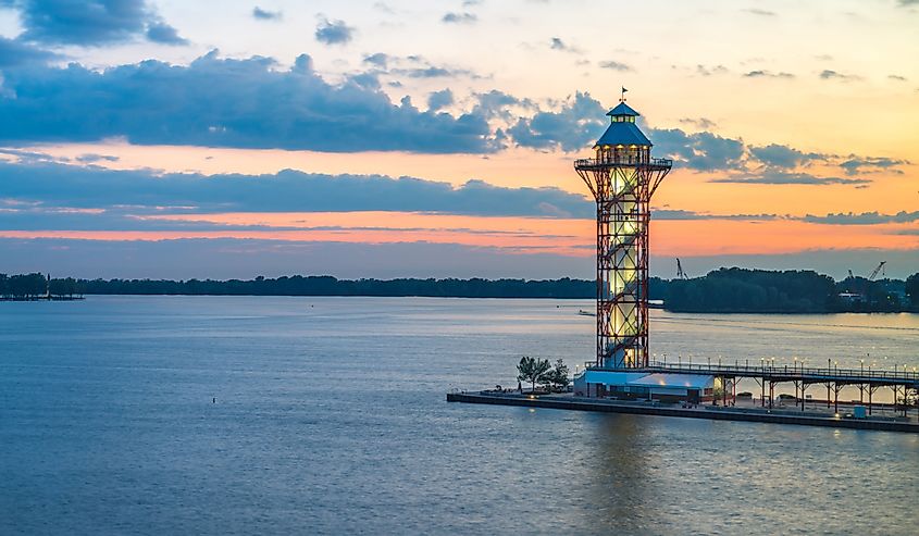 Erie, Pennsylvania, and tower on Lake Erie at dusk.