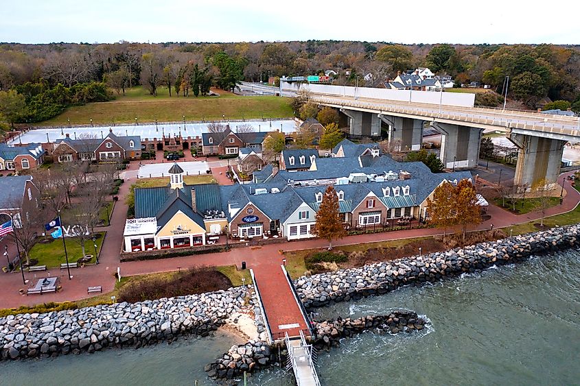 Aerial view of businesses on the waterfront in Yorktown, Virginia