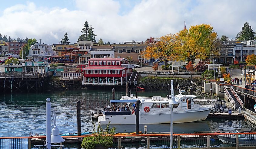 Landscape view of downtown Friday Harbor, the main town in the San Juan Islands archipelago in Washington State