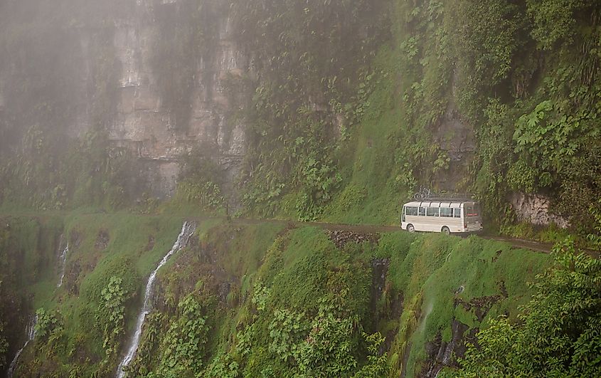 The North Yungas Road running along a steep Bolivian mountainside