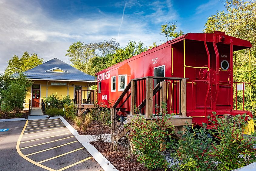 The relocated Chuckey train depot, and a caboose from the southern railway are displayed in historic Jonesborough, TN.
