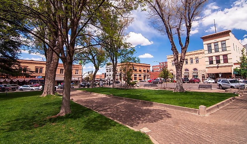 The Yavapai County Courthouse Square looking at the corner of Gurley and Montezuma Streets on a sunny spring day